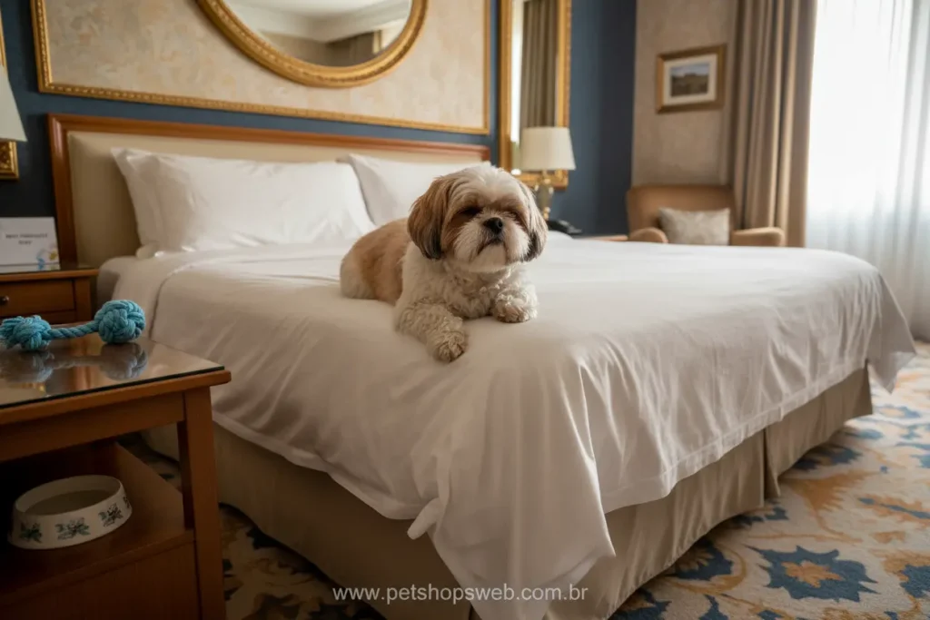 Cachorro de porte médio em quarto de hotel pet friendly